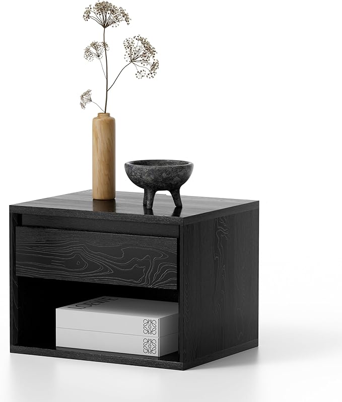 Floating Nightstand, Wall Mounted Bedside Table with Storage Drawer and Open Shelf, Modern Night Stand withHandless Design for Living Room, Bedroom, Dorm, Black