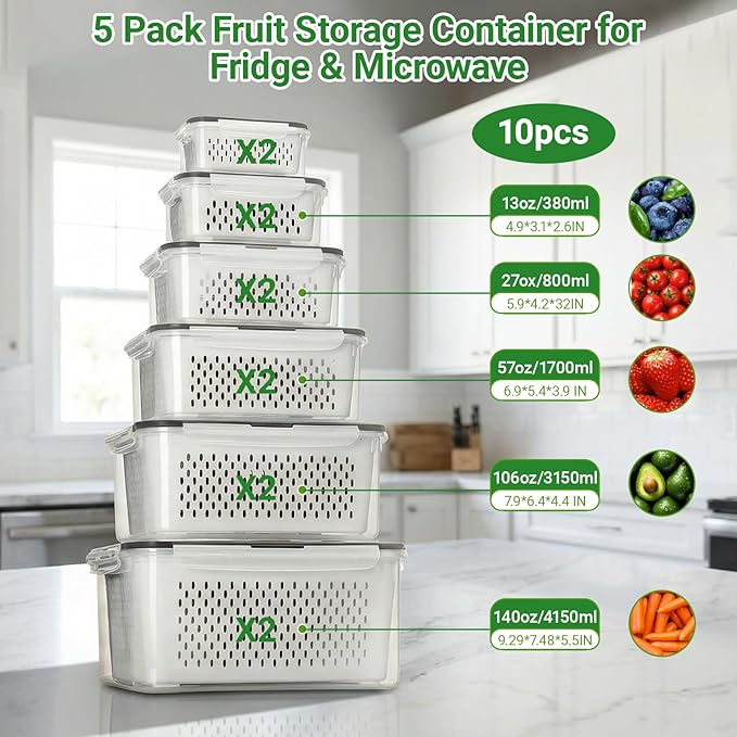 5 PCS Fruit Storage Containers for Fridge, Leakproof Produce Containers for Fridge with Removable Colander, All-In-One Fruit Containers Stainers Berry, Fruits, Vegetables, Salad Keeper Local Stock
