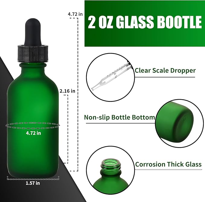 48 Pcs, 2oz Glass Dropper Bottle, Leakproof Tincture Bottles with Dropper, Green Reusable Eye Dropper Bottle, Preety Frosted Texture, for All Kinds of Liquids (Green-Frosted, 2oz-48pcs)