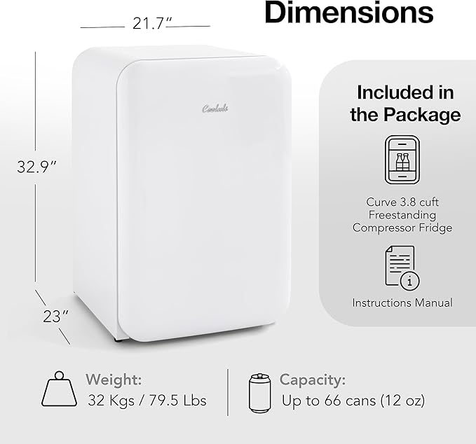 Cooluli Curve 3.8 cu ft Mini Fridge with Freezer - Small Refrigerator for Bedroom, Office, Dorm Room (White, 3.2 cu.ft Refrigerator, 0.6 Freezer)