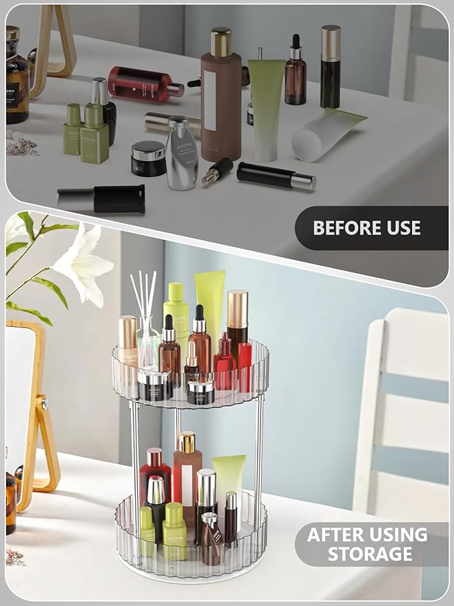 Makeup Organizer,360° Rotating Makeup Organizer, 2-Tier Round Rotating Skincare Organizer Countertop,Fits Bedroom, Bathroom, Vanity Shelf Countertop(Clear)