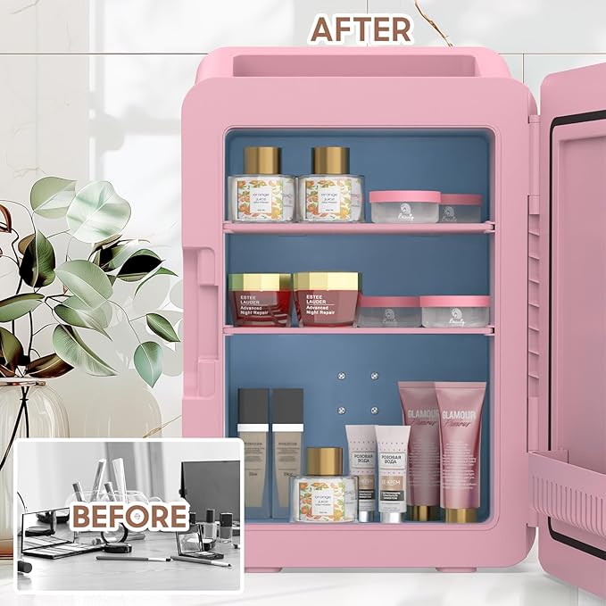 advwin 12L Mini Skincare Fridge with Dimmable LED Light Mirror, Makeup Fridge for Cooler & Warmer, Cosmetics, Beauty, Food & Drinks, Portable Small Refrigerator for Bedroom, Office, Dorm (12L pink)