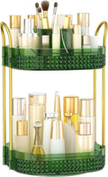 360° Rotating Makeup Organizer 2 Tier, Large Skincare Clear Make Up Storage Spinning Perfume Organizers for Bathroom Counter Dresser, Green