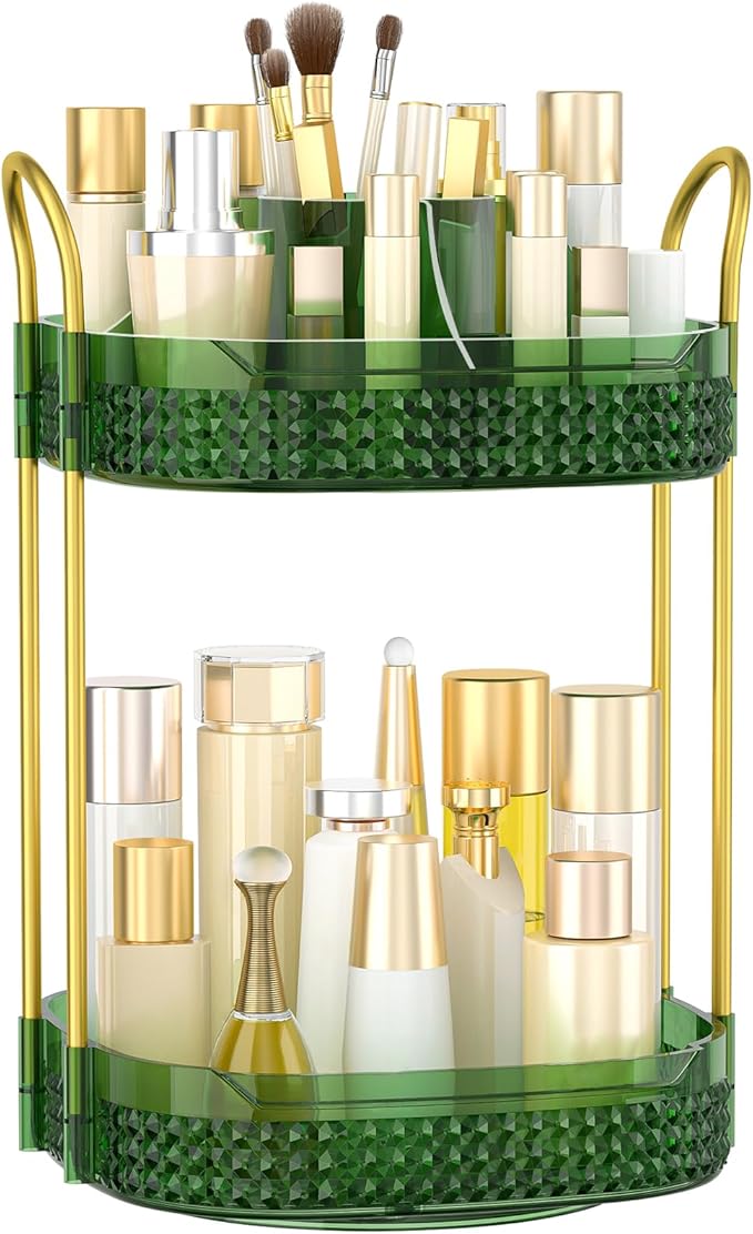 360° Rotating Makeup Organizer 2 Tier, Large Skincare Clear Make Up Storage Spinning Perfume Organizers for Bathroom Counter Dresser, Green