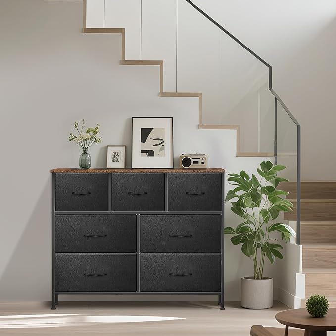 Dresser for Bedroom with 7 Drawers, Chest of Drawers, Storage Drawers Organizer Unit, Black Wide Fabric Dresser with Fabric Bins for Closet, Living Room, Entryway (Black and Rustic Brown)