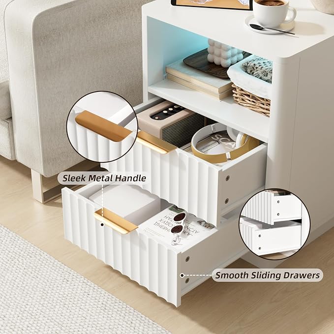 VOWNER Fluted Nightstand with Charging Station, 18” RGB Night Stand with 2 Drawers, End Table with Storage Shelf, Curved Profile Design Side Table, Bedside Table for Bedroom Living Room, White