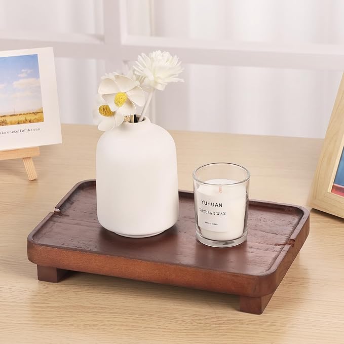 Wood Riser Small Decorative Tray Sink Soap Dish, Vanity Tray Pedestal Stand 9 x 5.9 inches (Dark Brown)
