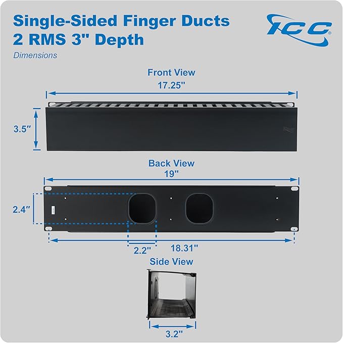 ICC 2U Finger Duct Cable Manager Panel with Cover, Plastic with Metal Back Frame, 3" Depth, Horizontal Cable Management, Rackmount for 19” Network Racks, Black, Single Pack