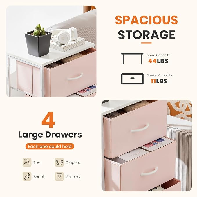 Sweetcrispy Nightstand Small Bedroom Dresser with 4 Fabric Drawers,Bed Side Furniture End Table,Wooden Top Cabinet Night Stand Dresser for Closet,Entryway,Dorm,Pink