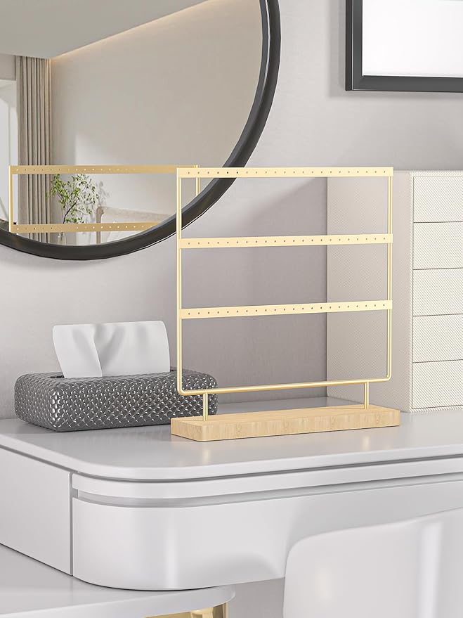 Earring Holder Organizer,Pierced Large Earrings Display Stand For Selling,Small Stud Earring Organizer Rack,Hoop Earring Storage Hanger Tree (Golden, 3 tier)