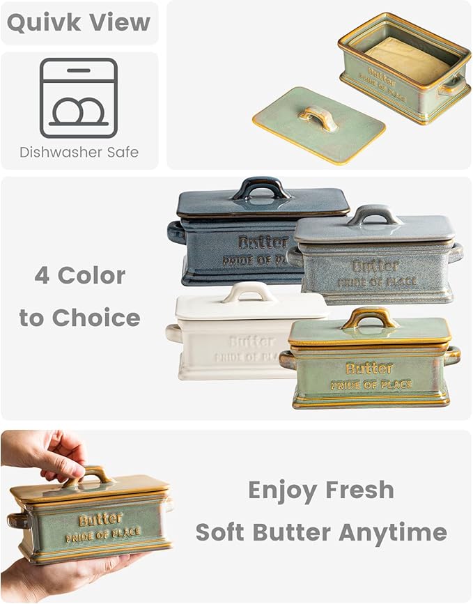 Butter Dish with Lid, Ceramic Butter Holder Container Large Butter Dish for Countertop Farmhouse Decor for Thanksgiving, Christmas Butter Keeper for East West Coast Butter, Green
