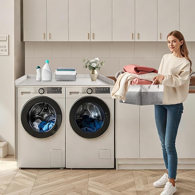 Washer Dryer Countertop with 2 Pack Storage Baskets, Wood Washer and Dryer Countertop with Non-Slip Pads/Edge Rails for Laundry Room Storage and Organization, 27.5" W x 54" L(Light Grey Marble)