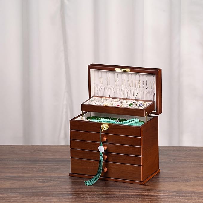 Vintage Wooden Jewelry Box with Dual Key Lock, Carved Top, Necklace Hooks – Antique Jewelry Organizer for Dresser Tabletop, Jewelry Storage Boxes for Women