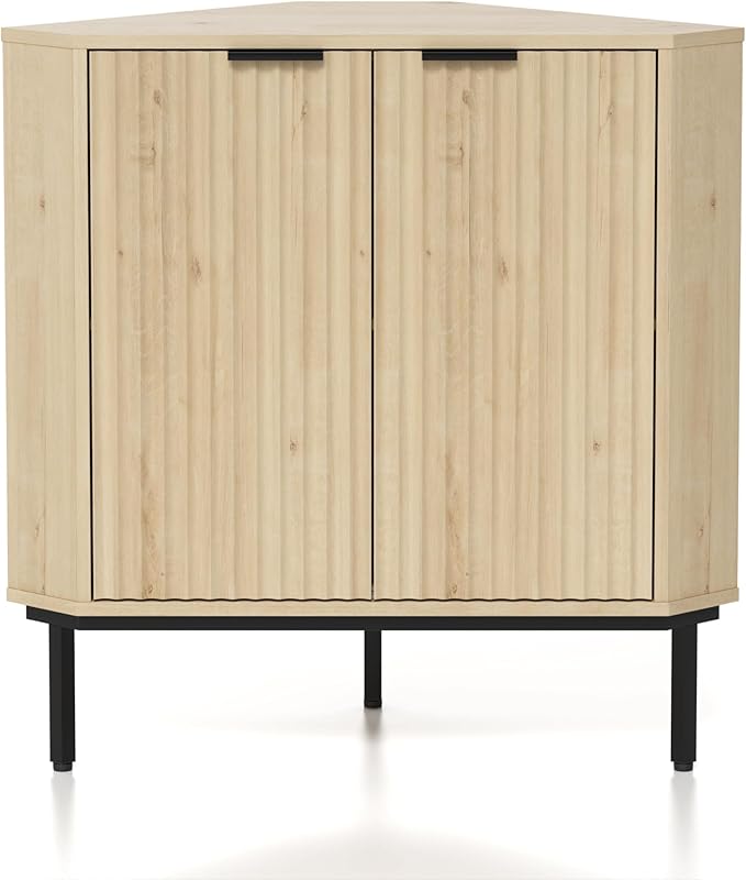 Fluted Corner Cabinet, Modern Small Corner Floor Cabinet with 2 Doors and 2-Tier Shelves, Freestanding Narrow Organizer for Living Room Kitchen Bathroom, Light Oak