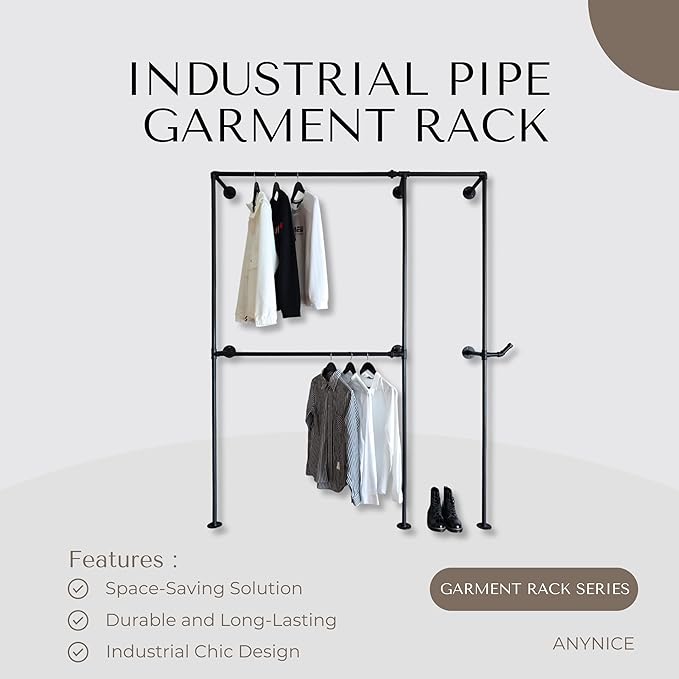 Industrial Pipe Clothing Rack, Heavy Duty Wall Mounted Clothes Rack, Retail Display Hanging Garment Rod for Laundry Rooms, Closet Storage, 14.6x62.5x82.7 Inches, Model AF01