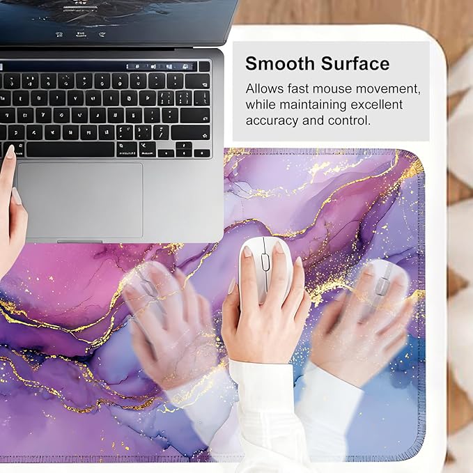 Purple Marble Ink Mouse Pad – Large Extended Desk Mat 31.5 x 11.8 in– Alcohol Ink Watercolor with Gold Vein Design, Non-Slip Base, Waterproof Surface, Aesthetic Keyboard & Mouse Pad