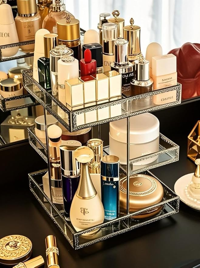 Vintage Glow Antique 360 Degree Rotating Makeup Organizer,4-Tier Spinning Perfume Tray,Countertop Cosmetic Storage ,Glass Beauty Display,Retro Large Capacity Vanity Organizer for Brushes Skincare