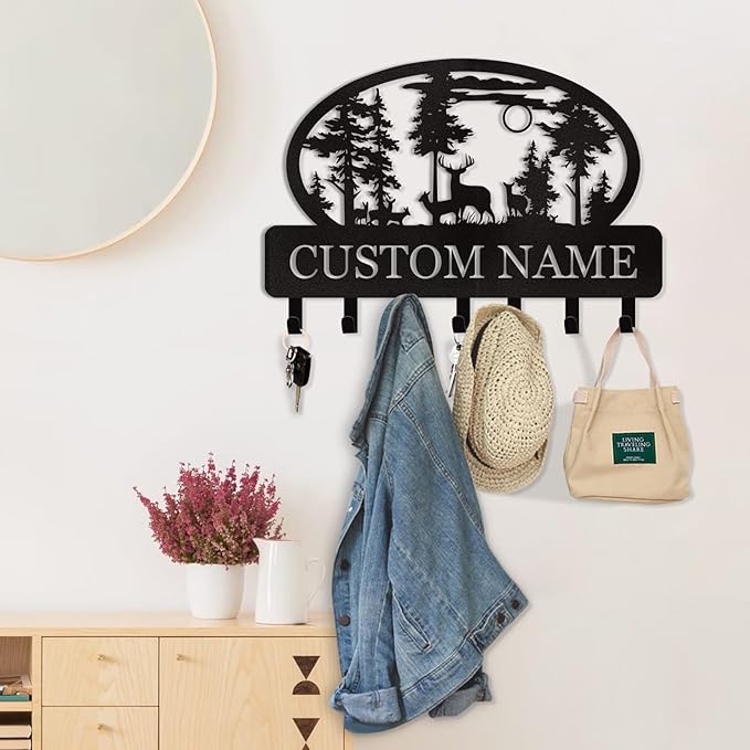 Personalized Key Holder for Wall, Custom Metal Deer Cabin Key Hooks with Name, Metal Key Holder Hooks Organizer Rack, Key Hanger Decor for Kitchen, Entryway, Hallway, Office, Doorway