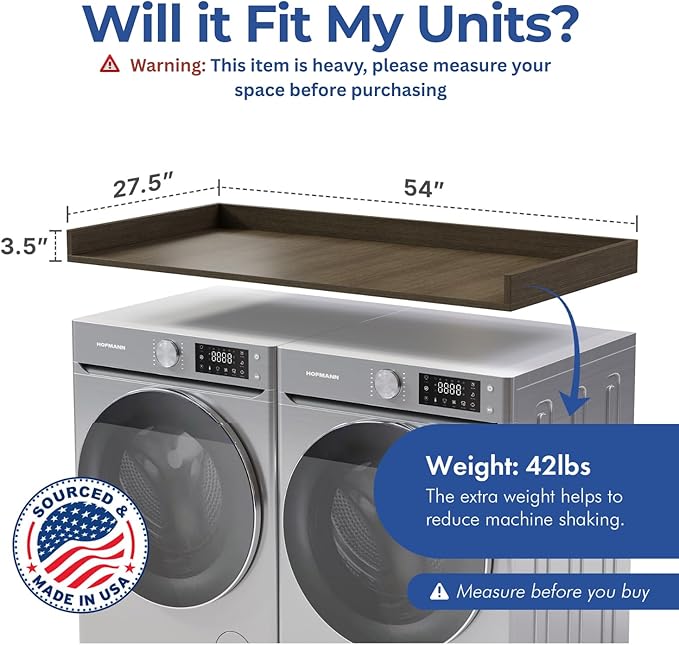 OfficeSimpli Washer Dryer Countertop, Made in USA, Non-Slip Pads, Easy Clean, Laundry Room Essentials and Decor, Washer Dryer Wood Top for Organization (Tenino Grey, Standard (27.5" x 54"))