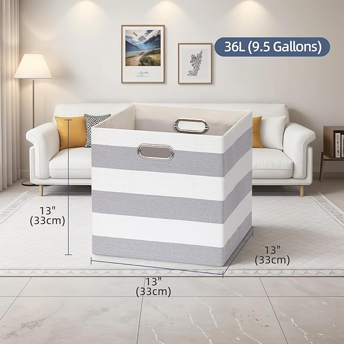 13x13x13 Storage Cube Bins, Foldable Storage Cubes Cubby Baskets Organizer Cloth Bins for Cube Storage Organizing Shelf Closet, Pack of 4, Gray/White Stripe