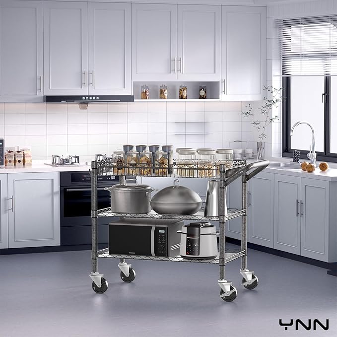 YNN Utility Rolling Cart,990Lbs 3 Tier Heavy Duty Metal Cart with Wheels & Handle NSF Wheeled Cart 31" D x 18" W x 33" H for Bedroom, Bathroom, Kitchen,Garden,Decor,Serving