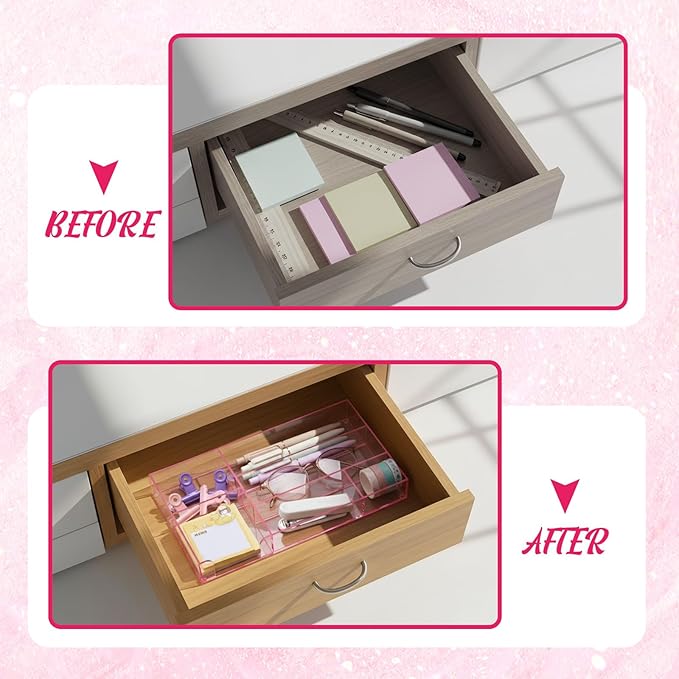 Translucent Pink Acrylic Desk Drawer Organizer 11 x 6.1 x 1.38 Inch Storage Tray Organizer for Pens, Stationery, Desktop, Office, Bathroom, Kitchen, Makeup Supplies (6 Compartments)