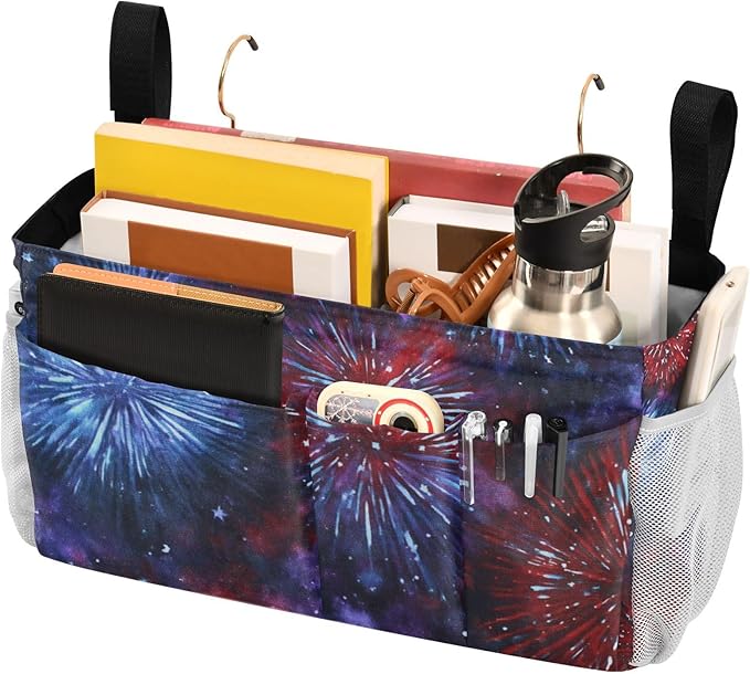 American Tie Dye Stars and Fireworks Bedside Caddy for Dorm Bed Bedside Hanging Caddy Bag Iron Frame Storage Organizer Pocket for Bunk Home College Hospital Beds 2 Hooks