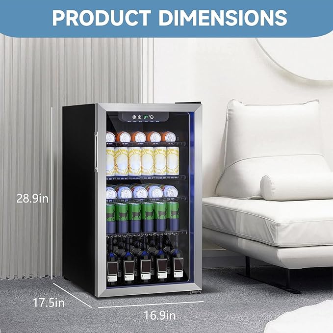 Beverage Refrigerator and Cooler, 110 Can/3.1 Cu Ft Mini Fridge with Glass Door, Adjustable Shelves for Soda,Bee,Wine, Free Standing Small Refrigerator, Digital Display, for Home, Bar, Office