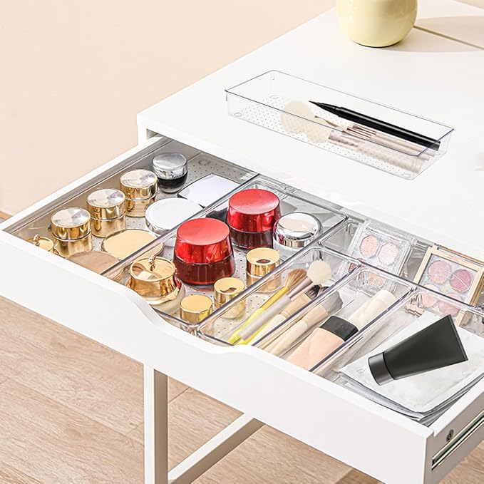 6 Pack Clear Drawer Organizer Trays Plastic Drawer Organizers Set 15 x 6 x 2 Inch Desk Drawer Divider Storage Bins Stackable Drawer Organizer Trays for Dresser Makeup Kitchen Office