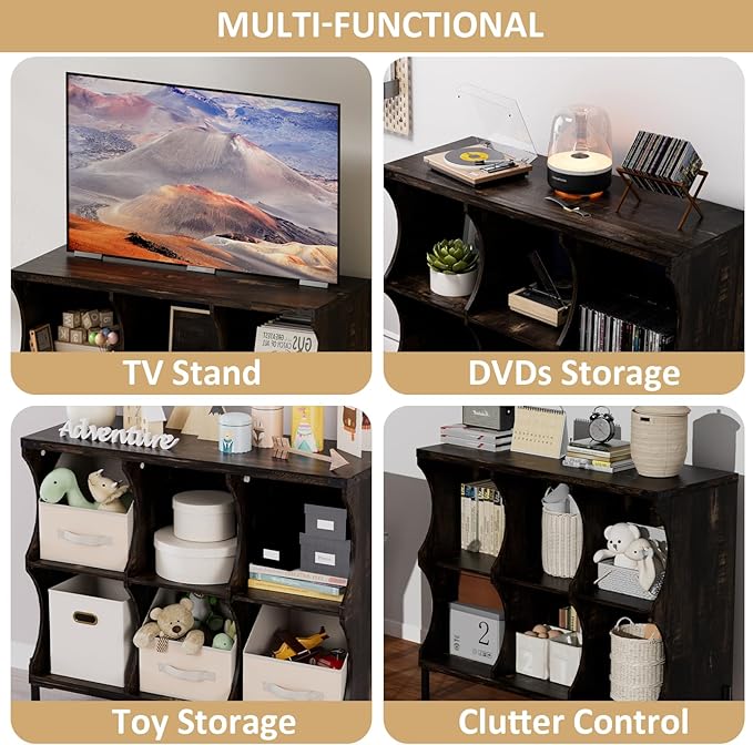 6 Cube Storage Shelf Organizer, Low Book Shelf Bookcase Entryway Table, Wood Closet Storage Display Cabinet TV Stand for Living Room, Office,Bedroom, Dorm, Dark Brown with Dark Brown Top