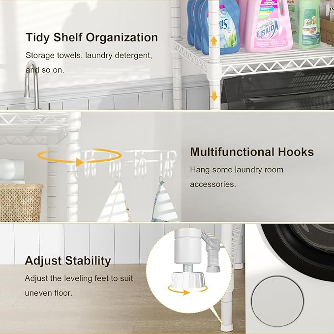 Ulif U8 Mini Laundry Room Storage Organizer, Over The Washer and Dryer Storage Shelves for Laundry Organization, 29.5”W x 17.3”D x 76.2”H, Suit Washing Machine Width Within 27.1”, Hold 304 lb, White