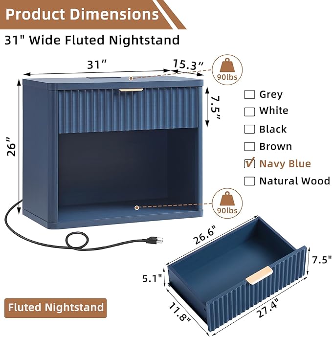 LEYAOYAO 31" Wide Fluted Nightstand Set of 2 with Charging Station, Oversized Extra Large 1 Drawer Night Stand with Golden Handle, Blue Wood Bedside Table Tall End Tables,for Bedroom, Living Room
