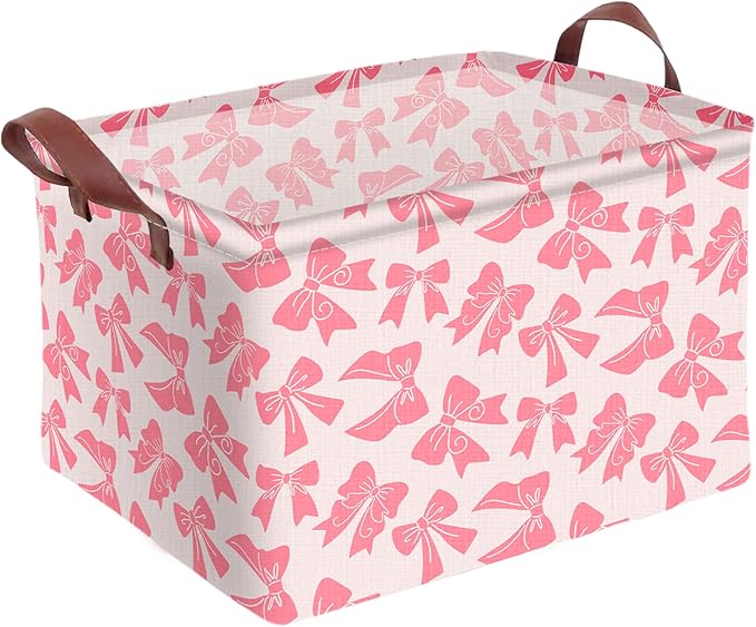 Pink Bow Storage Basket Waterproof Canvas Toy Storage Bin Bow Room Decor Collapsible Outdoor Basket with Leather Handles Coquette Room Decor Blanket Baskets For Closets,Bedrooms,Gifts Baskets