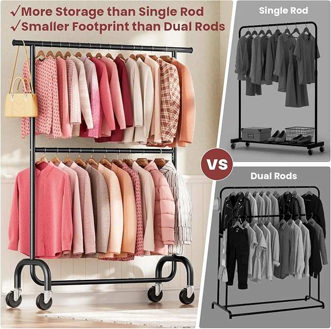 Heavy Duty Clothes Rack Load 600 LBS, Rolling Clothing Rack for Hanging Clothes with Lockable Wheels, Double Rod Garment Rack for Bedroom, Laundry, Living Room, Black