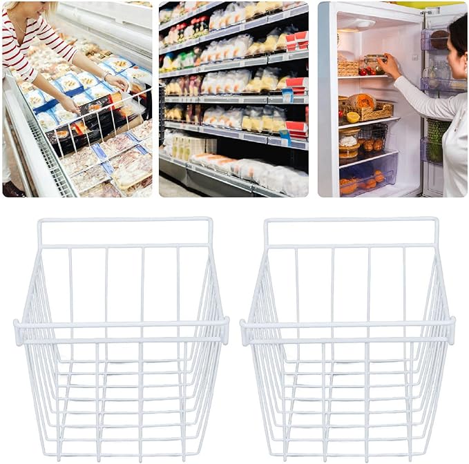 2PCS Freezer Organizer Bins, Steel Wire Freezer Basket with Handles Multifunctional Organizer Bin Stackable Metal Wire Baskets for Cabinet, Pantry, Closet (White)