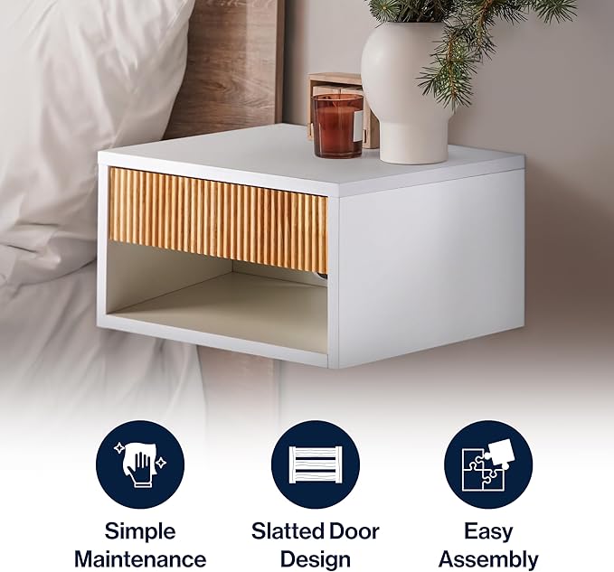 JONATHAN Y NST2001B Elise 15.71" Classic Contemporary Floating Wall Mounted Nightstand with Soft-Close Tambour Drawer and Cable Hole, White/Light Oak