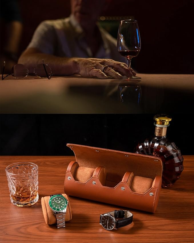 MR.OKAY 3 Watch Travel Case- Classic Leather Watch Case With Perfect Texture.Portable Watch Roll Or Organizer For Storage And Display. Luxury Gifts For Men, All Handmade by Artisans.