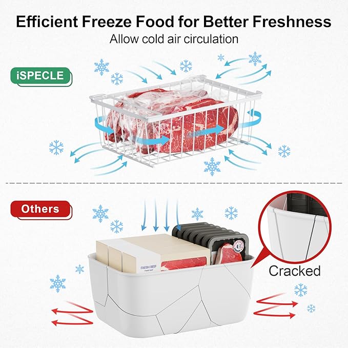 iSPECLE Freezer Organizer Bins - 4 Pack Stackable Chest Freezer Organizer for 5 Cu Ft Deep Freezer Sort Frozen Food, Deep Freezer Organizer Bins Easy to Get Food from Bottom without Digging, White