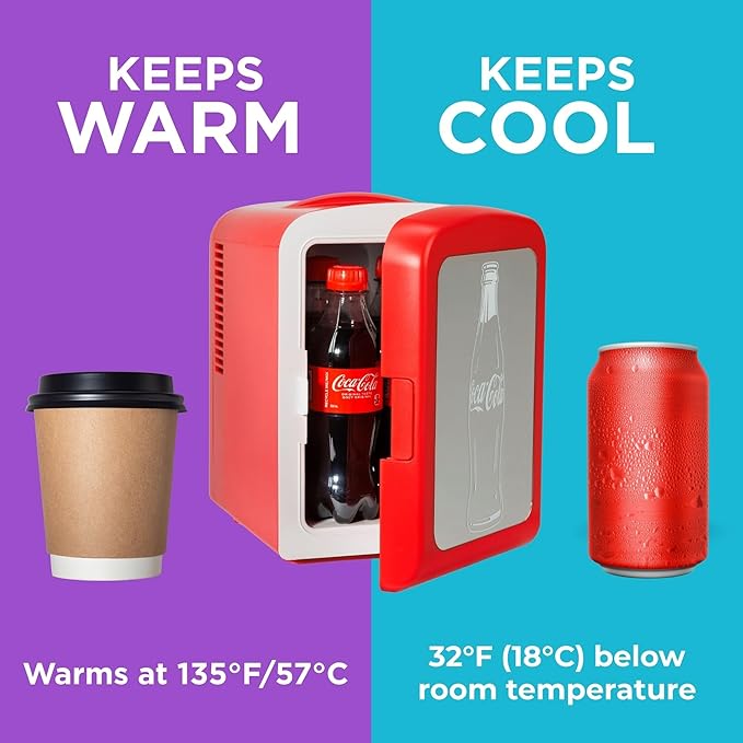 Coca-Cola 4L / 6-Can Mini Fridge with Multi-Color LED Light – Portable Thermoelectric 12V DC/110V AC Quiet Cooler/Warmer for Bedroom, Office, Car & Gaming Room – Mini Refrigerator for Drinks Skincare