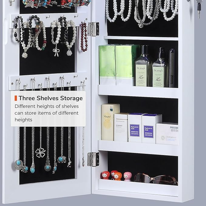 GISSAR Full Length Mirror Jewelry Cabinet, 6 LEDs Jewelry Armoire Wall Mounted Over The Door Hanging, Jewelry Organizer Display Storage Furniture with Lights Locker Mirrored Cabinet, 39.4" H, White