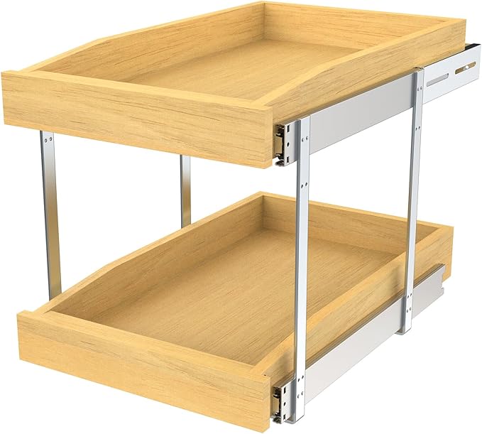 2 Tier Pull Out Cabinet Organizer, 17"W x 21"D Solid Wood Heavy-Duty Base Bottom Assembly Slide out Drawer Shel Cabinet Organization for Kitchen, Pantry, Bathroom