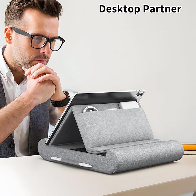 CreaDream Tablet Pillow Stand, Foldable Tablet Holder for Lap, Bed and Desk, Soft Pillow Pad with Pocket and Stylus Mount, for 4-13" Tablets, Like iPad Pro 11, 13, Air, Mini, Kindle, Galaxy Tab, Grey