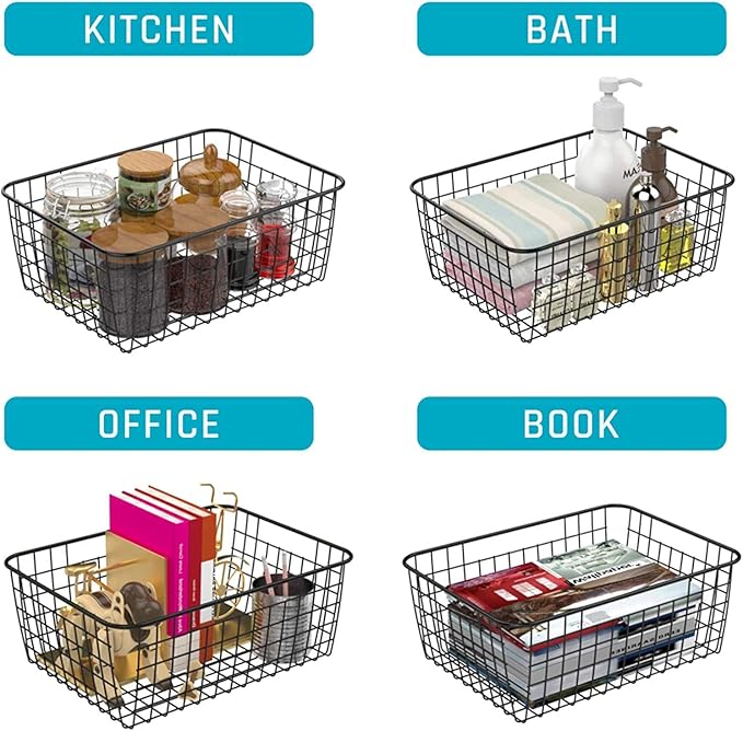 Metal Wire Food Storage Basket Organizer with Wooden Handles for Organizing Kitchen Cabinets, 2 Packs-Black-large