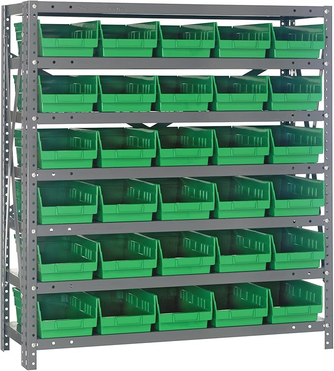 Quantum Storage Systems 1239-102GN Steel Shelving Unit with 4" Shelf Bins, 12" D x 36" W x 39" H, Green