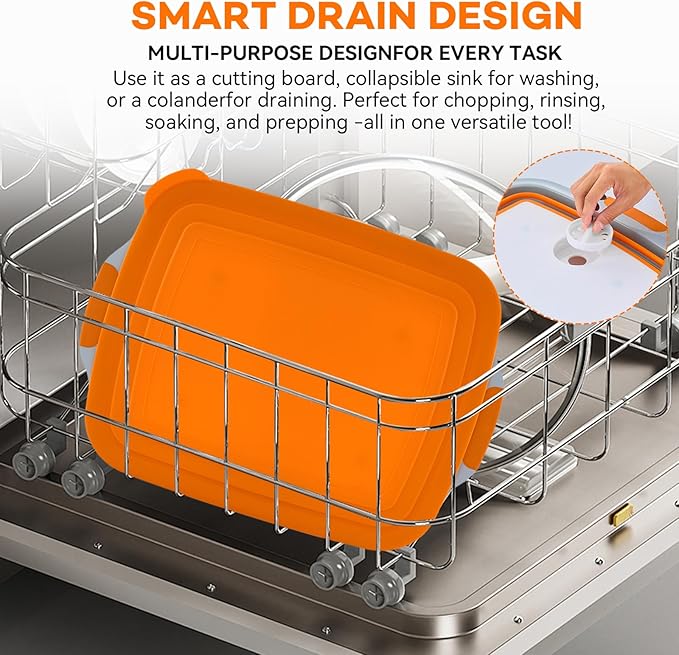 Collapsible BBQ Prep Tub with Cutting Board - 7.95 Gal/30L Food-Grade Container - BPA-Free, Space-Saving w/Lid & Drain Hole - for Grilling, Camping, Offset Smoker (Orange)