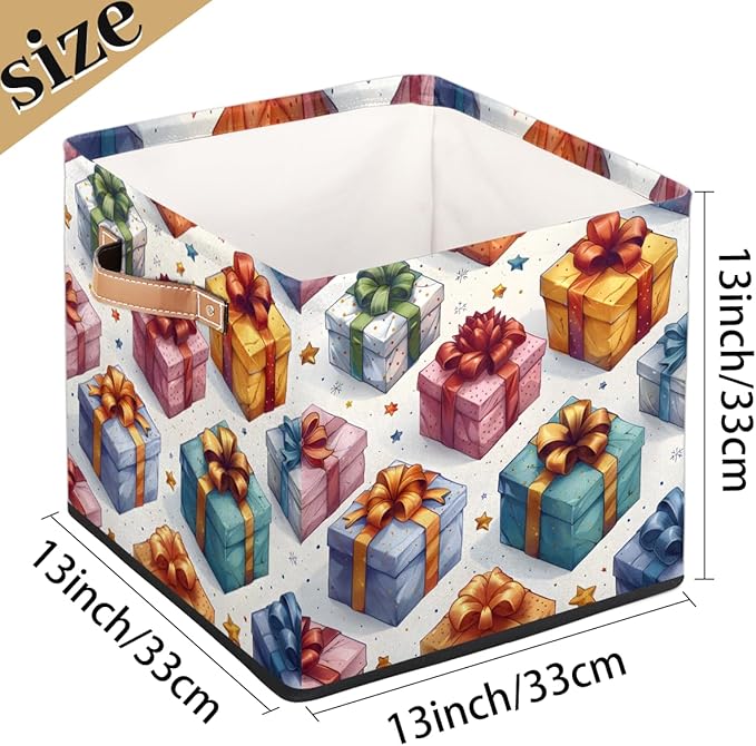 TropicalLife 13x13x13 Inch Large Fabric Storage Cube Holiday Gifts Box Pattern Foldable Storage Bin with Handles Organizer Boxes Cube Basket for Shelves Organizing Closet