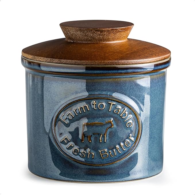 Ceramic Butter Dish with Lid, Butter Crock for Countertop, French Butter Keeper, Farmhouse Cow Pattern, Blue