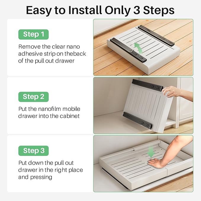 Kitstorack Pull out Cabinet Organizer, Expandable(12"-20") Heavy Duty Slide out Drawers Fixed with Adhesive Nano Film for Pots, Roll out Shelf Storage for Kitchen Base Cabinet Organization(White)