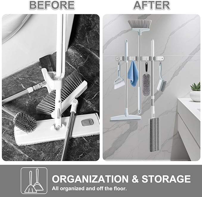 Broom Holder Wall Mount, Broom Organizer Wall Mount Stainless Steel Broom and Mop Hanger Heavy Duty Storage Organization for Home Kitchen Garden Garage Room 3 Racks 4 Hooks Grey