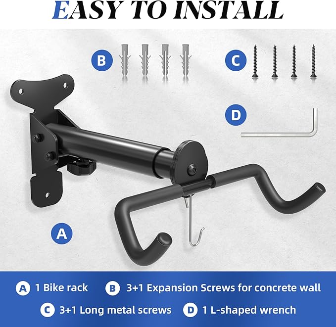 Goovilla Bike Wall Mount Hanger Adjustable - Space Saving Horizontal Bicycle Rack for Mountain/Road/Hybrid Bikes | Secure Home Garage Storage with Easy Installation | 1-Pack Cycling Holder Hook,Black